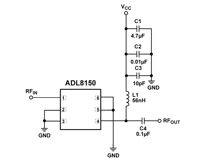 애플리케이션 회로도 - Analog Devices Inc. ADL8150 저 위상 잡음 증폭기